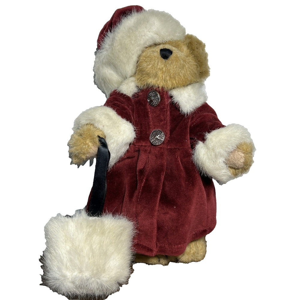 1998 Boyds Bears 8" Bailey Winter Burgandy‎ Coat Hat and Muff Faux Fur Trim